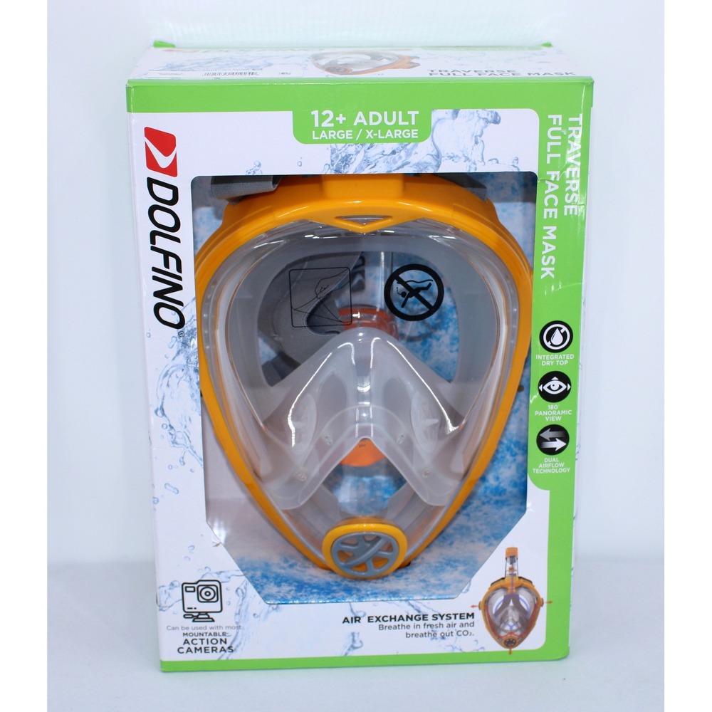 Dolfino Traverse Full Face Snorkel Mask Adult Large XLarge Orange Dry Top